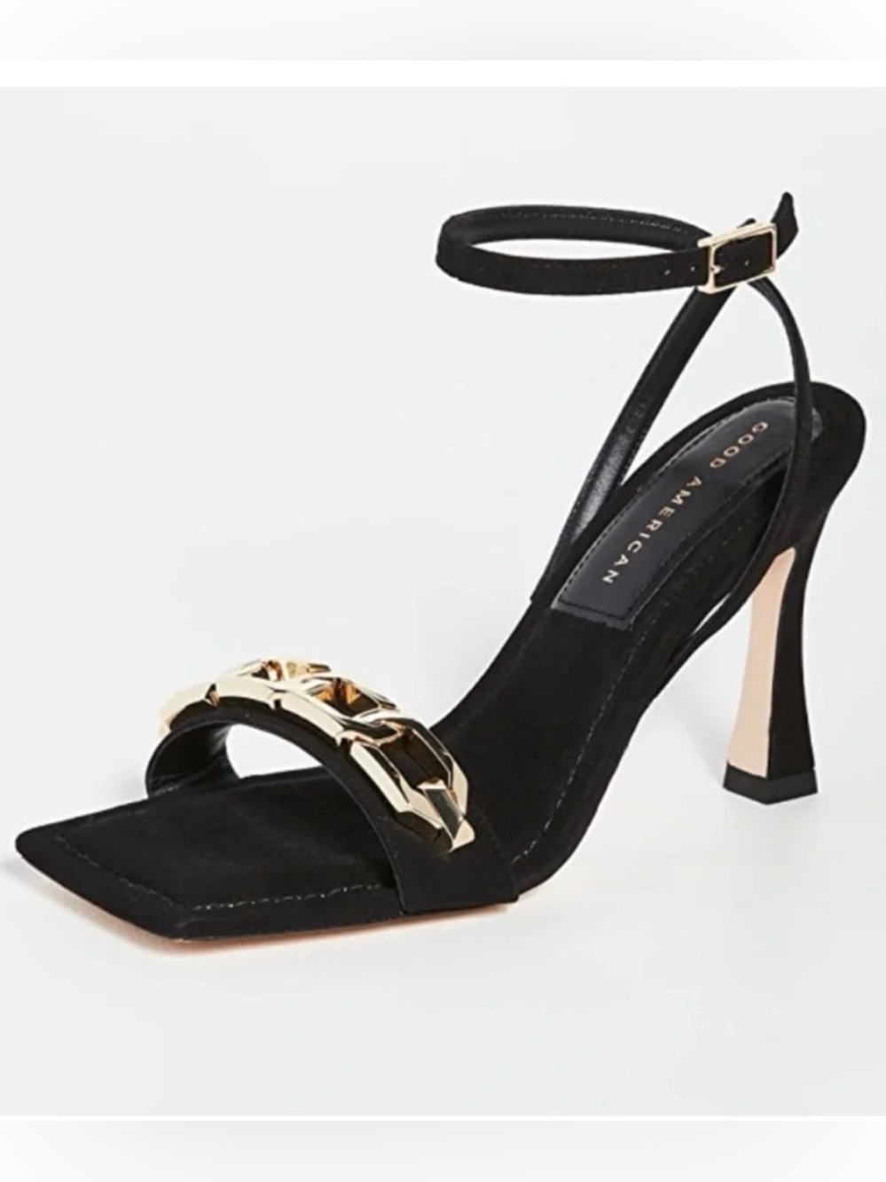 Good American Black Suede Ankle-Strap Heel with Gold Chain Accent